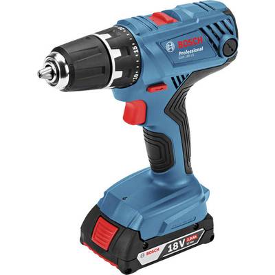 Cordless drill, blue with red accent. Brand: Bosch. 18V power. Primarily used for construction and DIY work.
