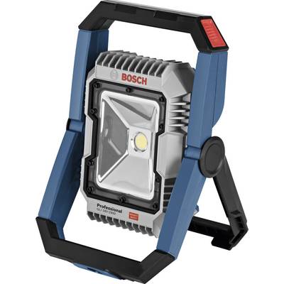 A portable LED work light by Bosch, primarily in blue and silver, with a robust handle and stand.