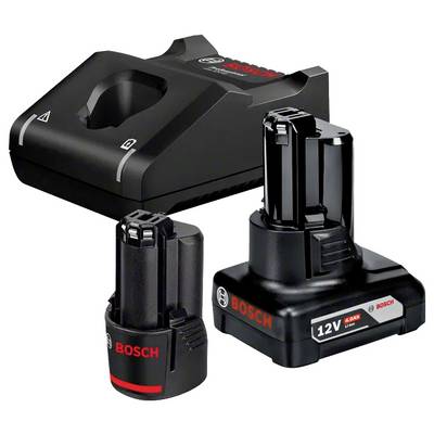 Bosch 12V battery charger with two rechargeable batteries, shown with a charging dock and upright battery packs.