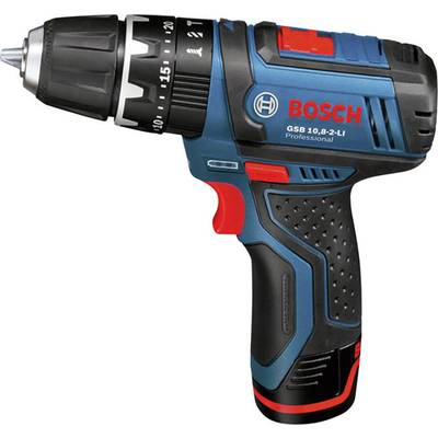 A blue and red Bosch cordless screwdriver with a black handle and torque adjustment. Brand name visible on the side.
