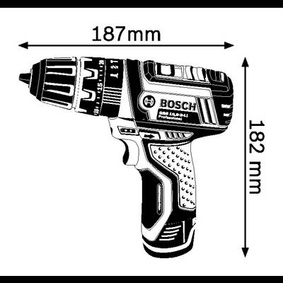 Cordless drill with dimensions of 187 mm in length and 182 mm in height, brand name 'Bosch' and model 'DSR 10.8-2 LI' visible.