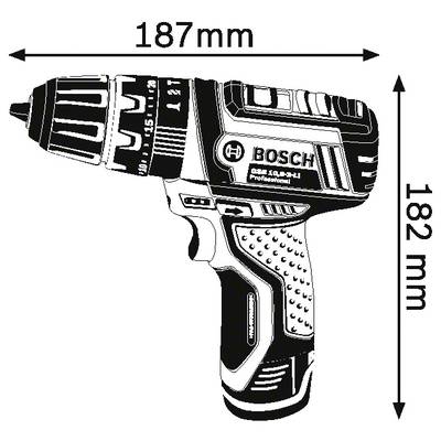 Figure of a Bosch cordless drill with a length of 187 mm and a height of 182 mm.