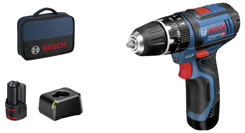Bosch cordless drill set with charger and battery displayed next to a Bosch-branded carrying case.
