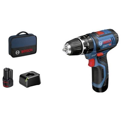 Bosch cordless drill set with charger and battery displayed next to a Bosch-branded carrying case.