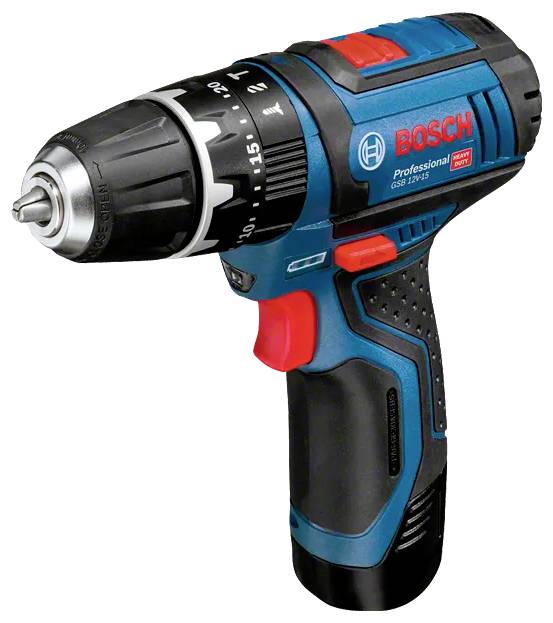 A blue and black cordless drill with a red trigger and the brand 'Bosch' on the side, used for drilling and driving screws.