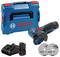 'Bosch tool set with carrying case, power tool, charger, battery, and two cutting discs displayed.'
