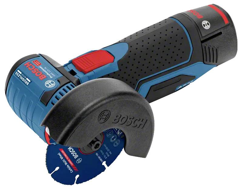 Portable blue and black Bosch angle grinder with a circular blade, ergonomic grip, and a protective guard, used for cutting and grinding tasks.