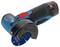 Portable blue and black Bosch angle grinder with a circular blade, ergonomic grip, and a protective guard, used for cutting and grinding tasks.