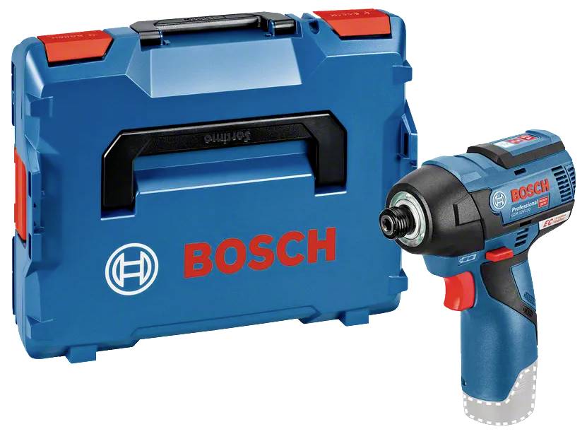 A Bosch cordless impact driver is displayed alongside its blue carrying case, both prominently featuring the Bosch logo.