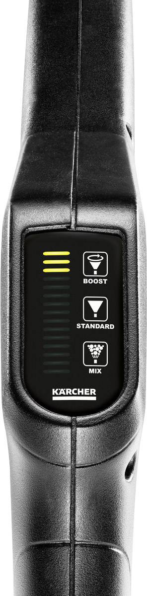 The image depicts a black handle of a device, most likely a pressure washer, with a control panel. The panel displays three modes: 'Boost', 'Standard', and 'Mix' with corresponding symbols.
