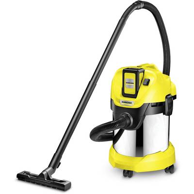 Yellow and black vacuum cleaner with a long suction hose, metal container, in an upright position.