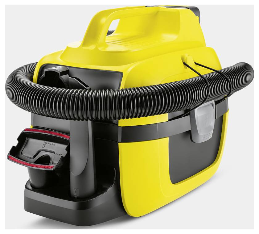 A yellow and black industrial vacuum cleaner with a flexible hose is shown on a white background.
