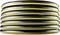 A stack of black and yellow garden hoses with a diamond-shaped pattern, neatly coiled and ready for use.
