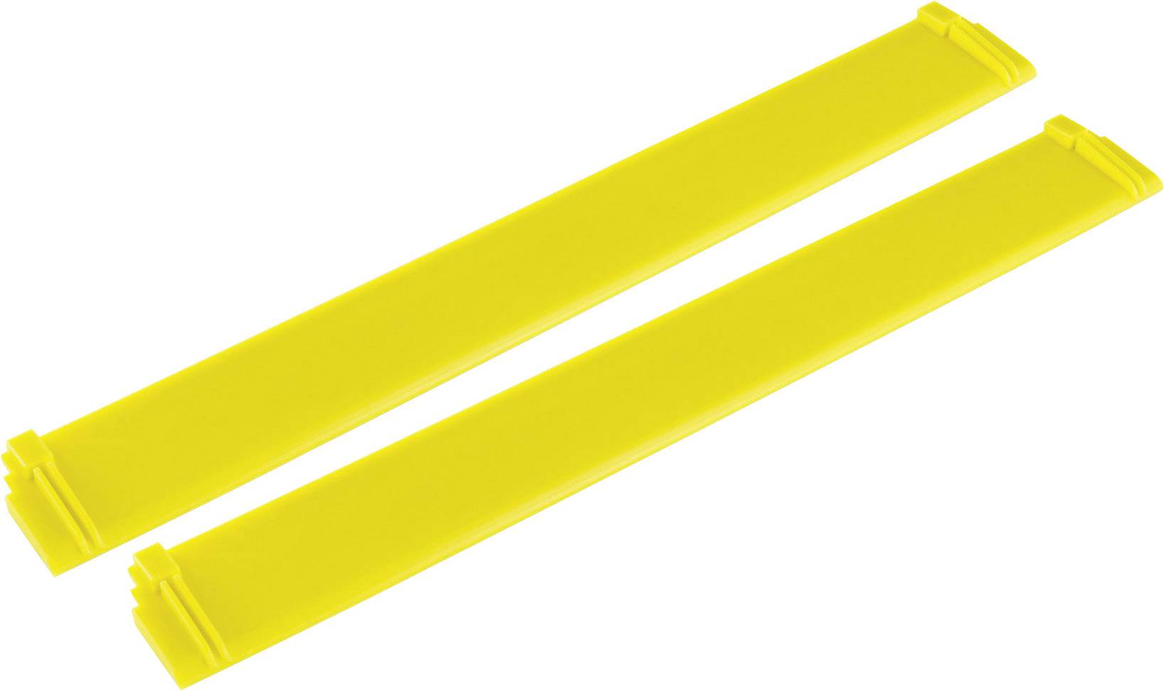 Two yellow plastic clips, arranged in parallel, for securely sealing bags or pouches.