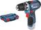 Blue cordless drill with a red accent by Bosch, alongside a matching carry case.