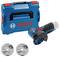 Bosch cordless angle grinder kit in blue carrying case, with two cutting discs shown below.