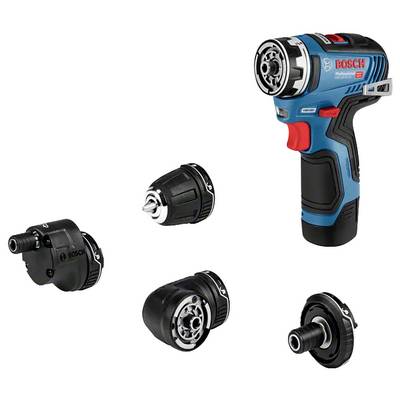 Cordless drill with interchangeable attachments, including a right-angle adapter, a keyless chuck, an offset angle adapter, and a bit holder.