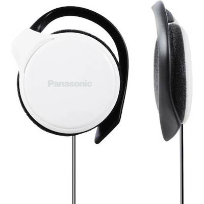 White Panasonic headphones with ear hooks, shown from the side and front.