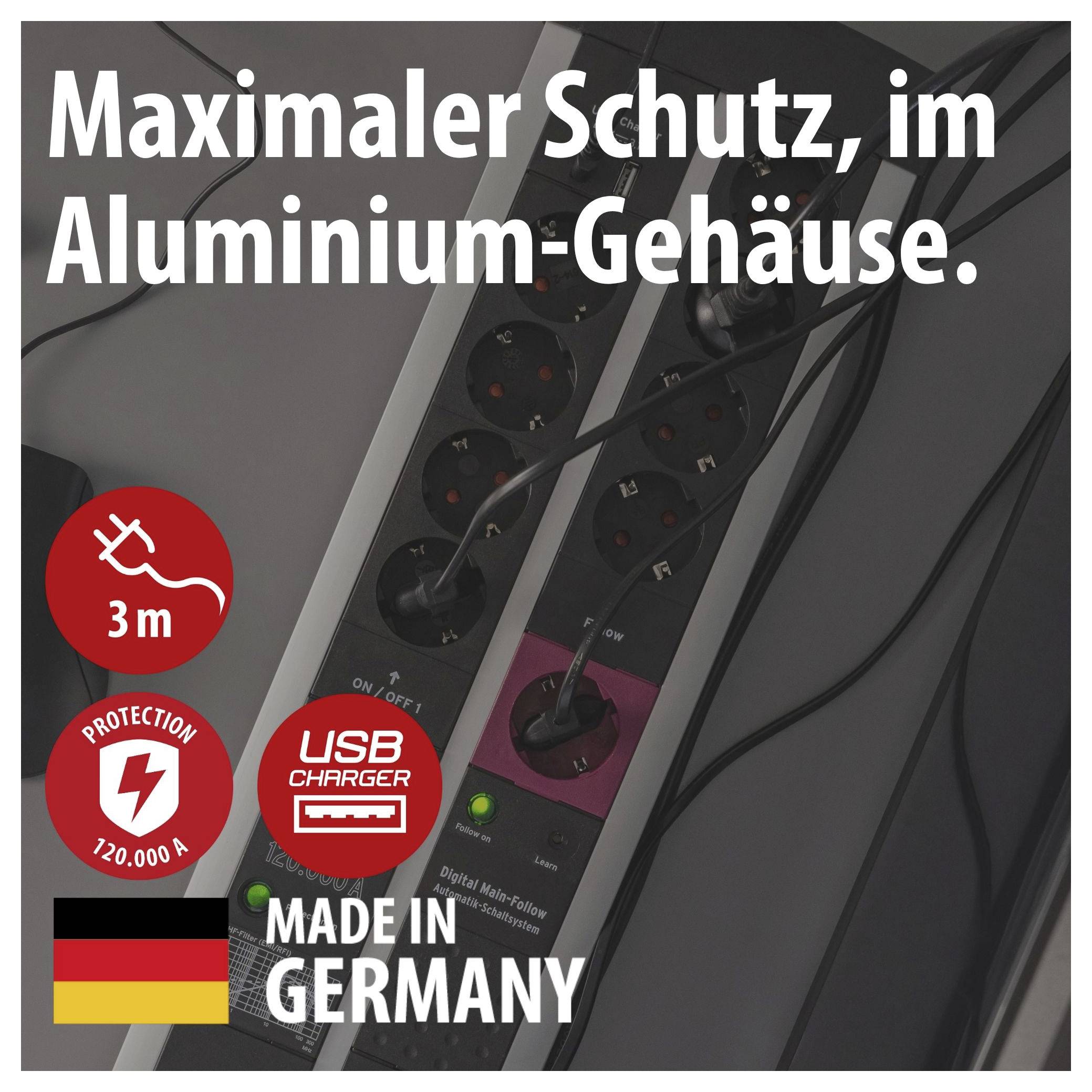Advertising graphic of a power strip in an aluminium casing with text 'Maximum protection, in aluminium casing.', '3 m', 'USB Charger' and 'Made in Germany'.
