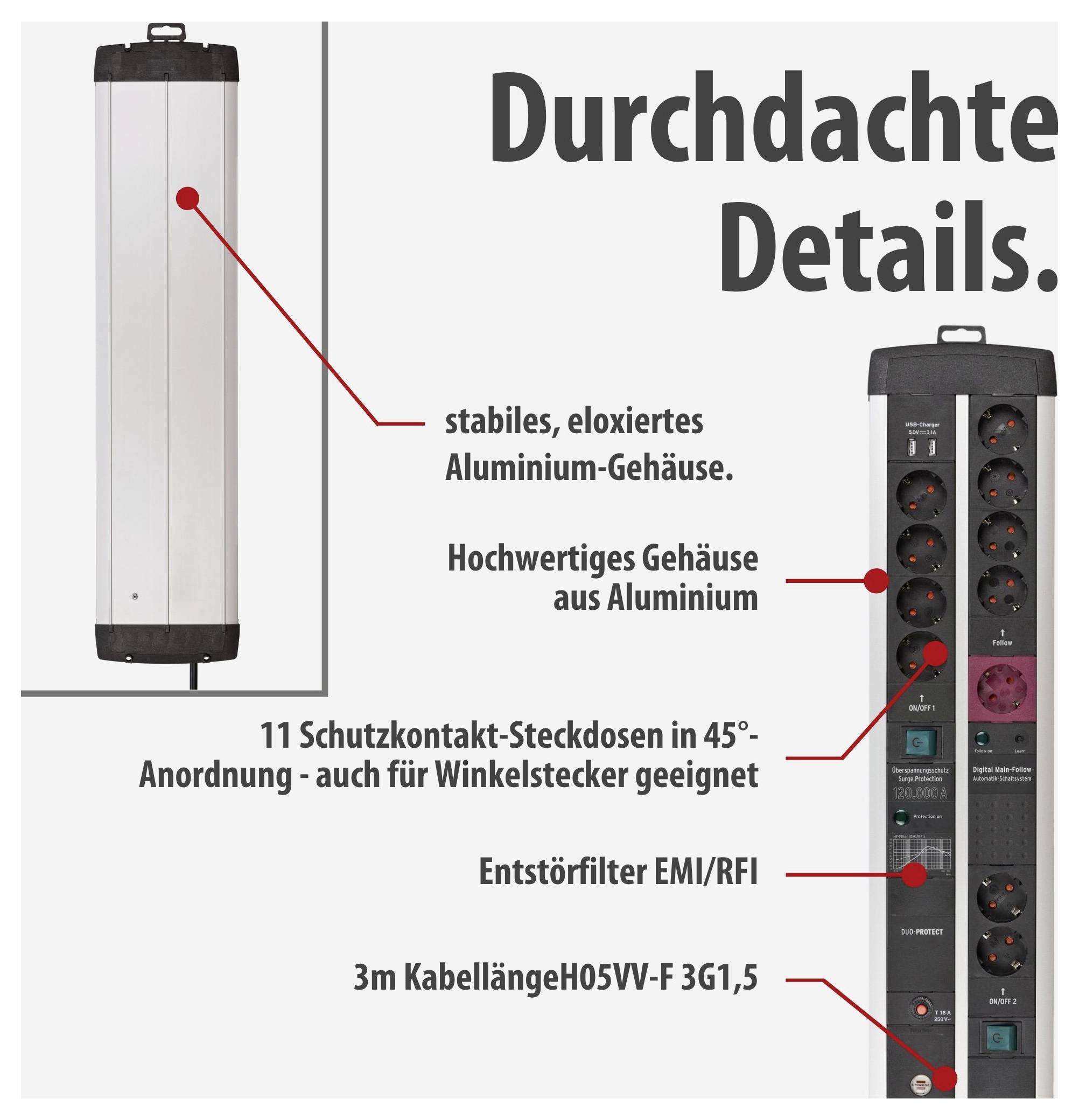 Advertising graphic of a power strip with aluminium housing, 11 earthed socket outlets arranged at 45°, EMI/RFI suppression filter and 3 m cable.