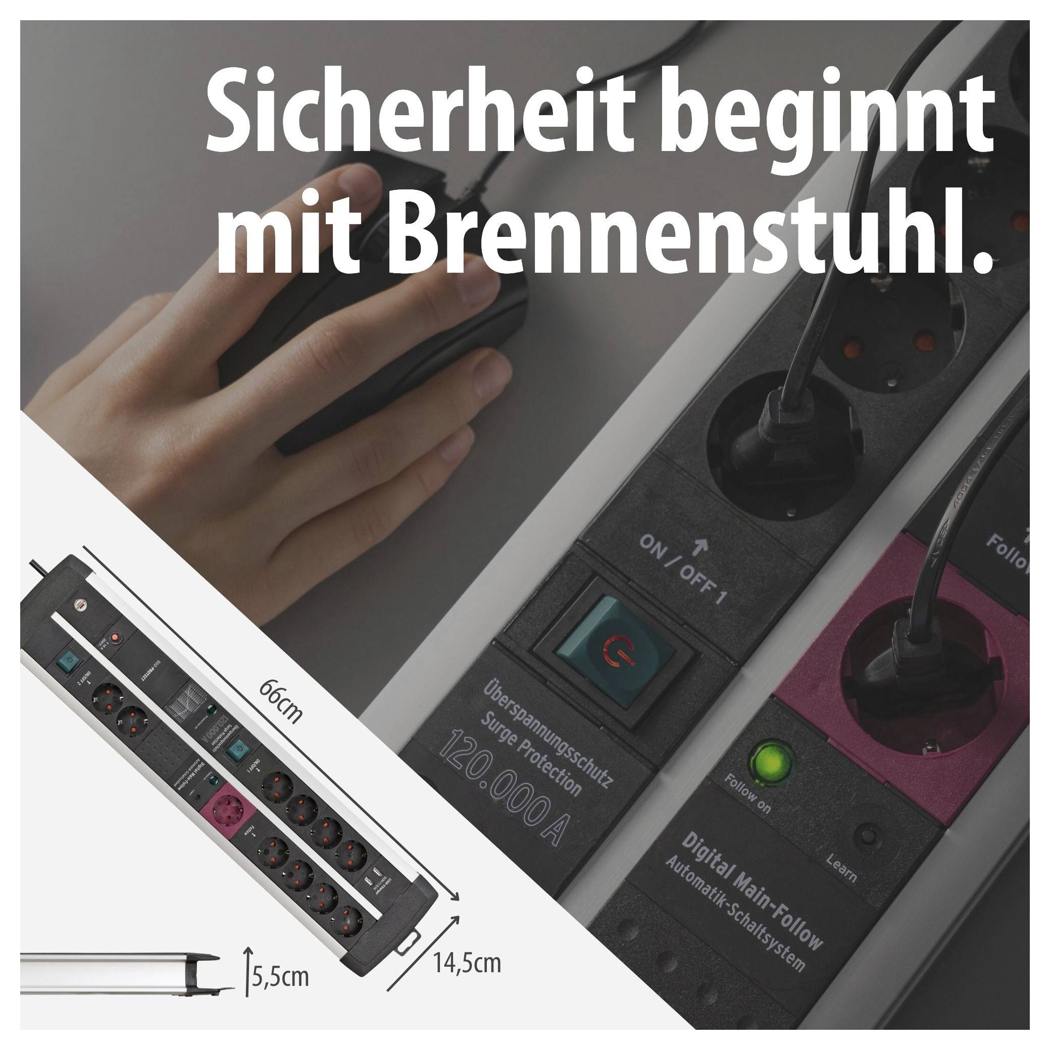 Advertisement for Brennenstuhl power strip with surge protection; Text 'Safety begins with Brennenstuhl.' and product dimensions 66 cm, 14.5 cm, 5.5 cm.
