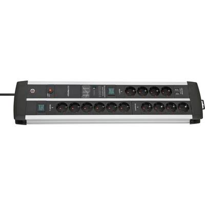 Power strip with multiple electrical outlets, four round control dials, and illuminated on/off switches on a black and silver body.