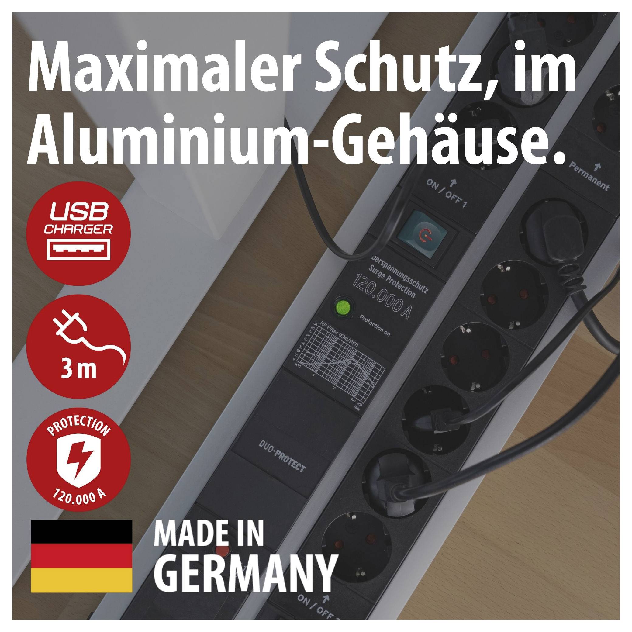 Advertising for an Aluminium power strip with USB charger, 3 m cable and surge protection; Text: 'Maximum protection, in aluminium housing.' and 'Made in Germany'.