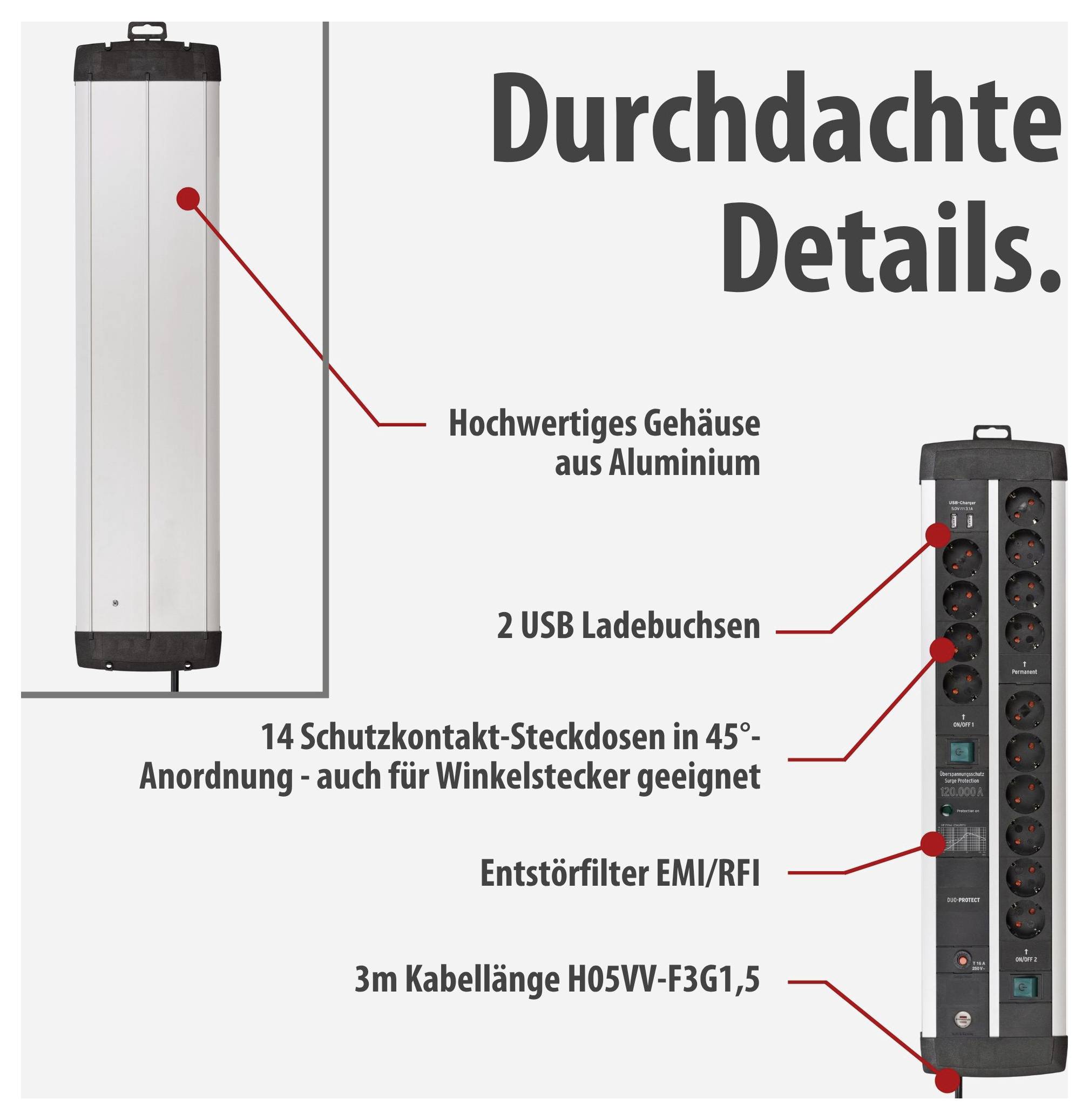 Advertising graphic of a power strip with aluminium housing: 14 safety outlet sockets arranged at 45°, 2 USB charging ports, interference suppression filter and 3 m cable.