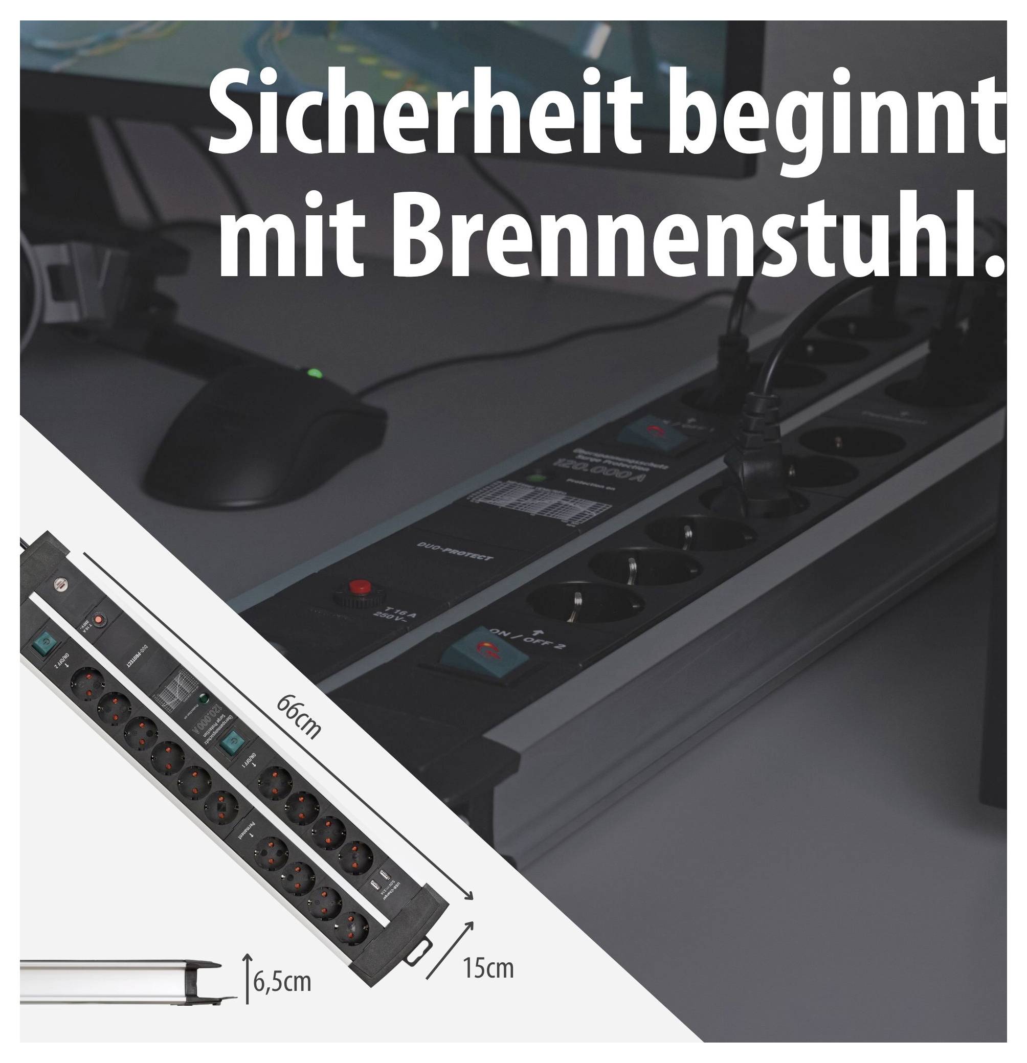Application of a Brennenstuhl power strip on the desk with the text 'Safety begins with Brennenstuhl.' and dimensions of 66 cm, 15 cm and 6.5 cm.