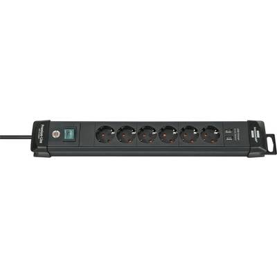 Black power strip with six outlet sockets, two power switches, and a 3-meter cord on a white background.