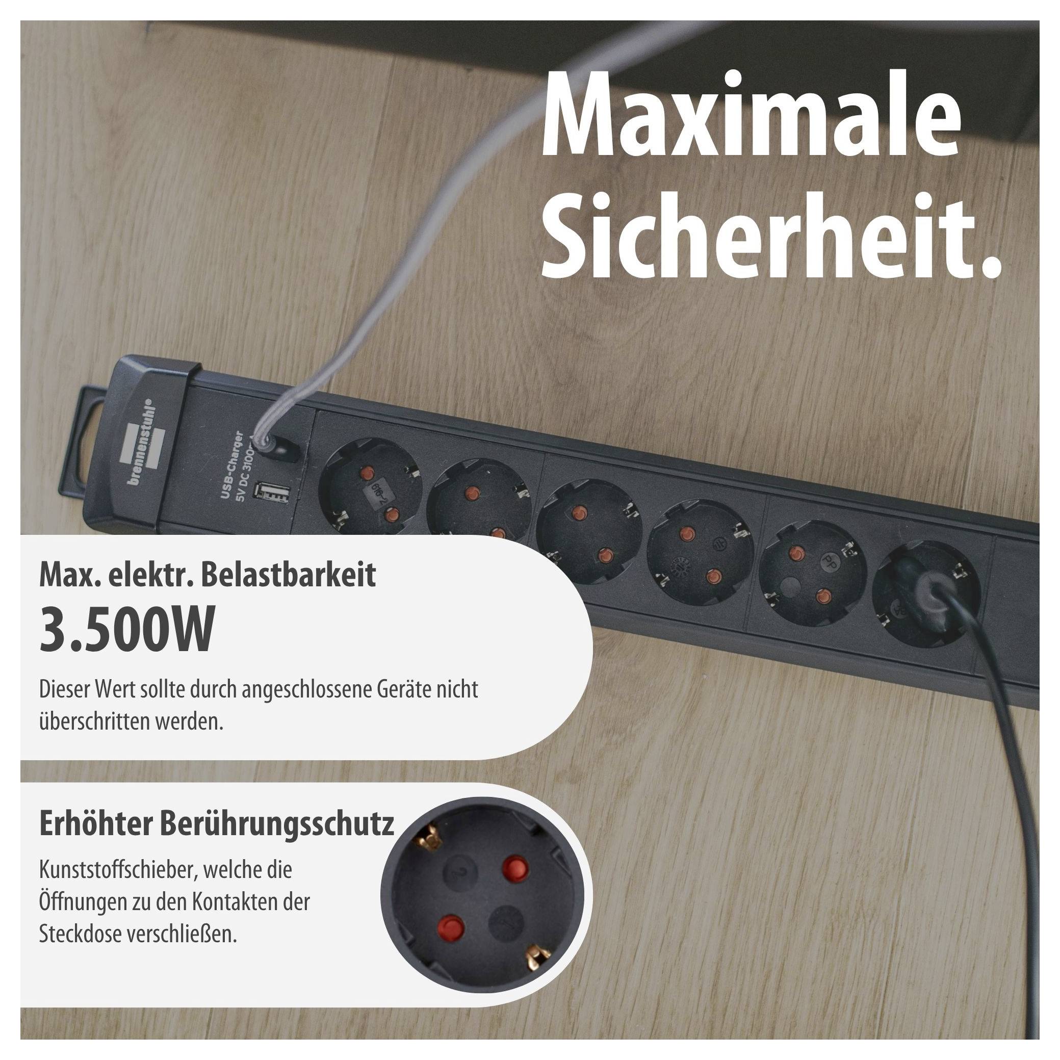 Power strip with text 'Maximum Safety' and information on maximum electrical capacity of 3,500 W as well as enhanced touch protection.