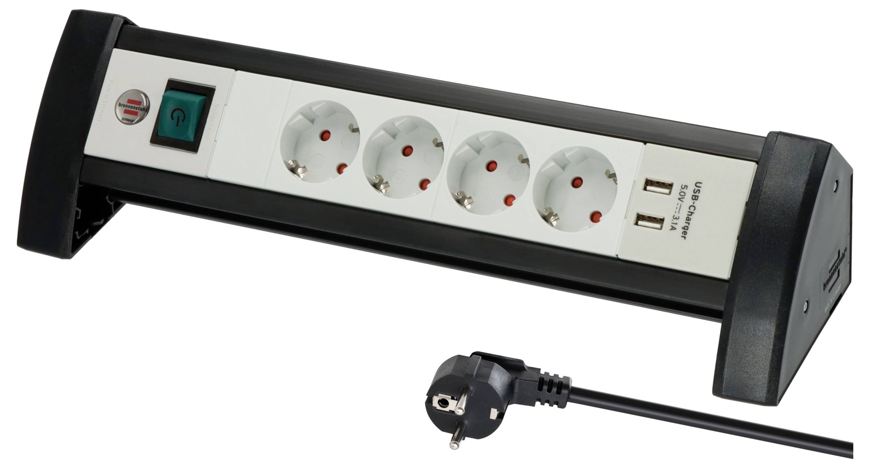 Five-socket power strip with on/off switch, overload reset button, and attached plug on a white background.