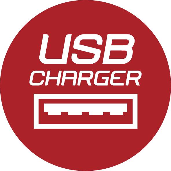 Red circular USB charger sign with white 'USB CHARGER' text and a USB port icon underneath.