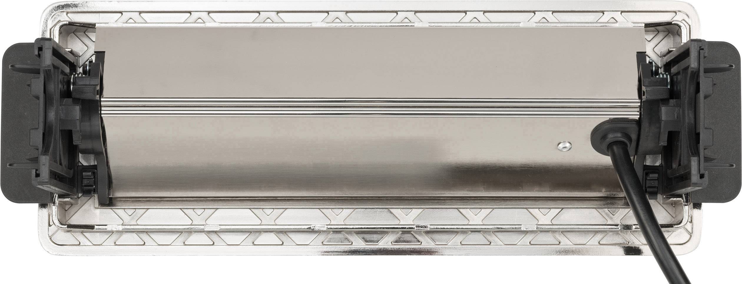 A close-up of a metallic grill heating element with ventilation slots and an attached power cable, in the switched-off state.