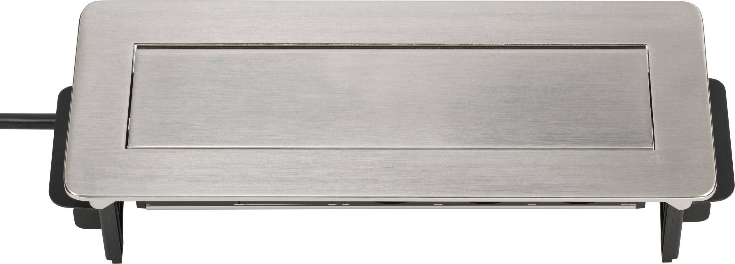 Metal cover on a rectangular electrical device with rounded corners, possibly a cooking or heating plate.