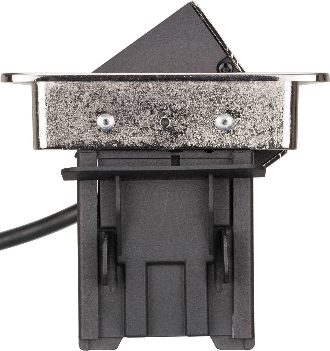 A rectangular electronic device with metal fittings and a black casing, connected by a cable.