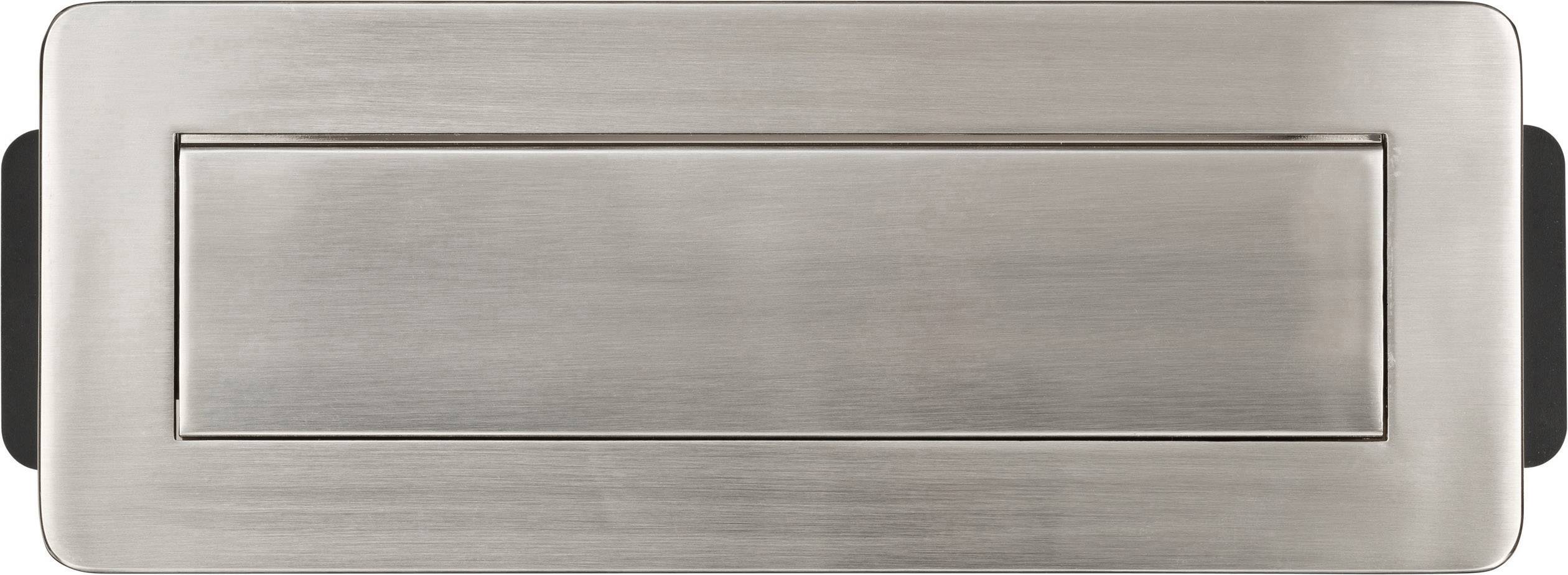 A rectangular stainless steel letterbox slot, closed, with a smooth surface and visibly robust construction.