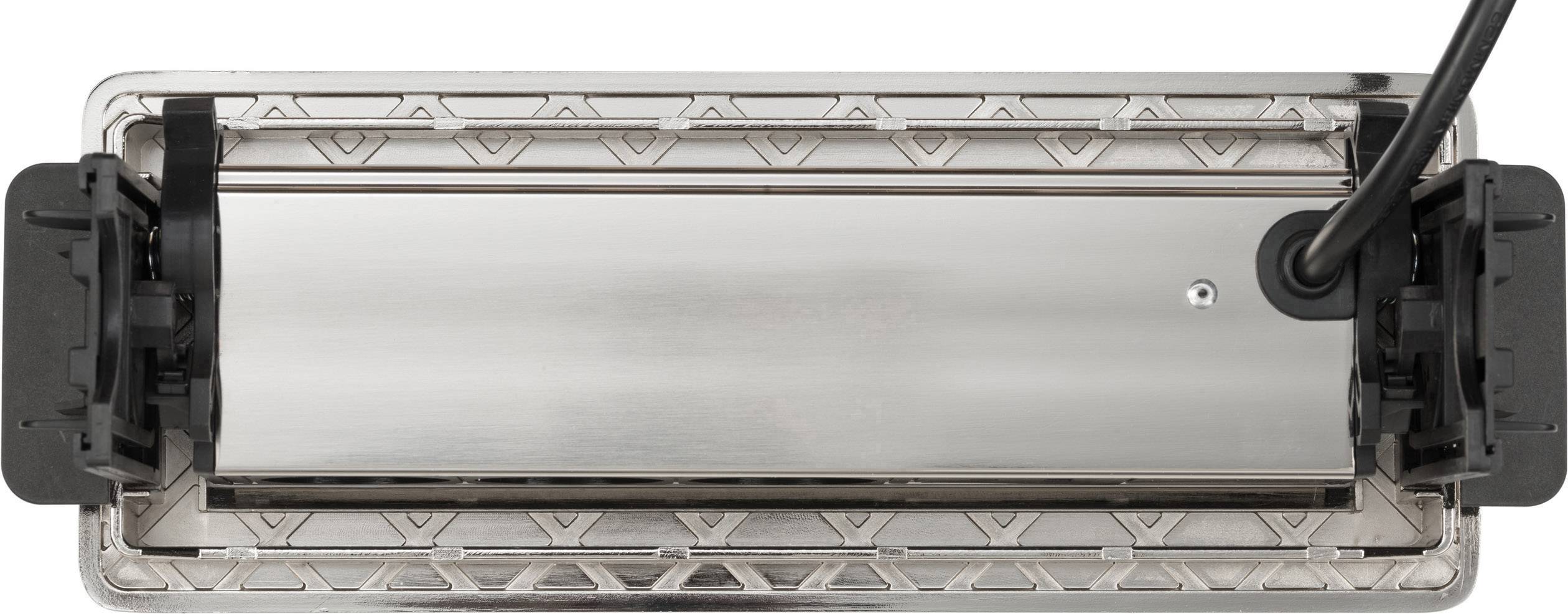 A rectangular, metallic enclosure with cable connection on the right side, embedded in a protective mounting.