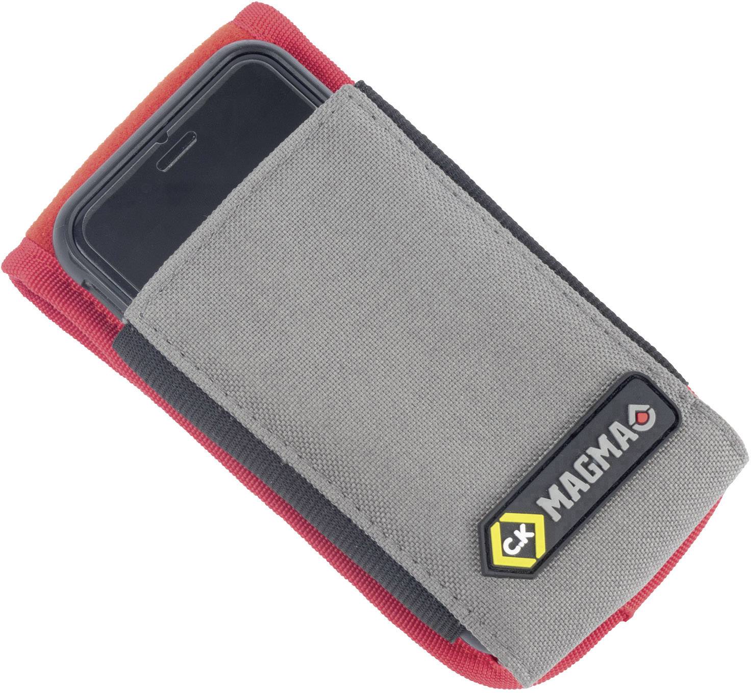 Smartphone in a red and grey protective case.