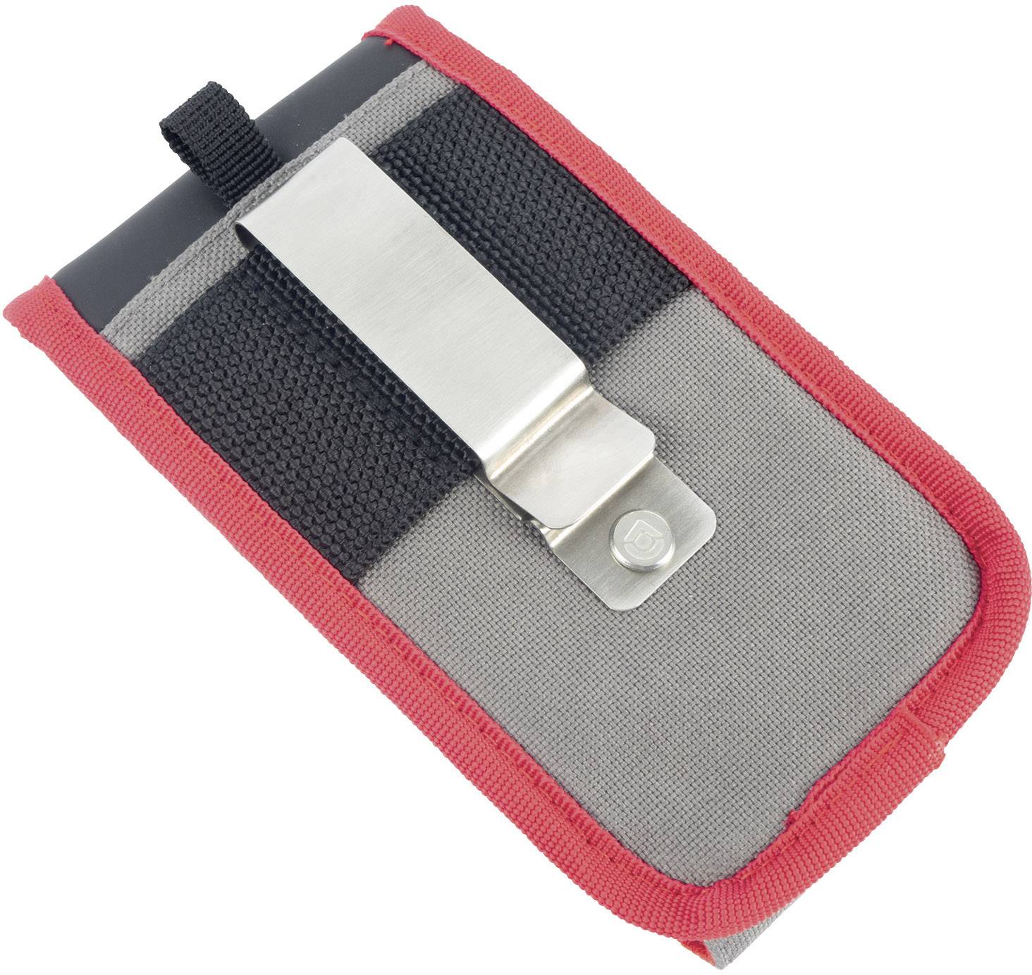 A grey bag with a red border and a silver clip on the back, likely for attaching to a belt.