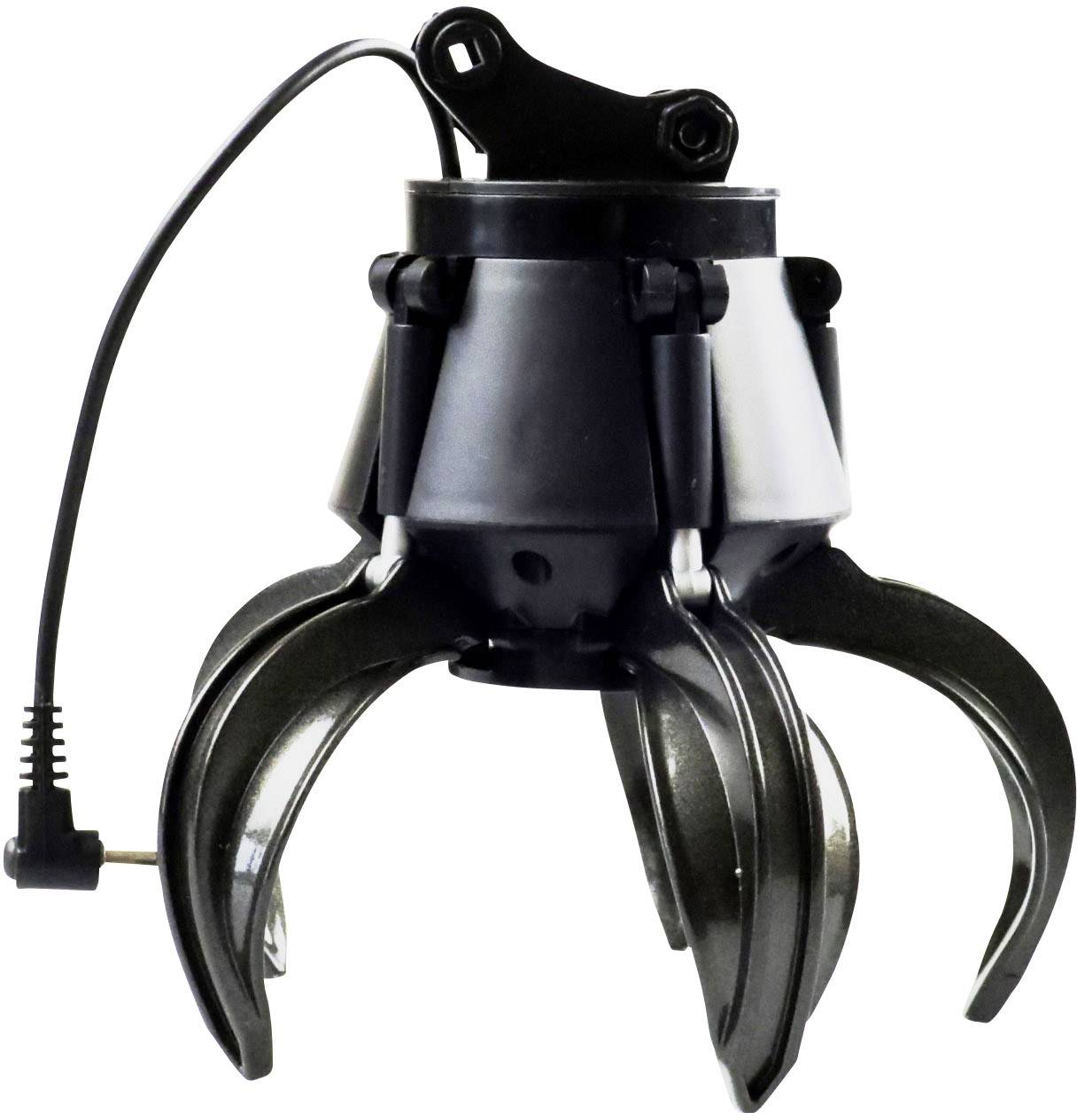 Industrial robotic metal gripper arm with multiple curved grippers, suitable for precise lifting and moving of objects.