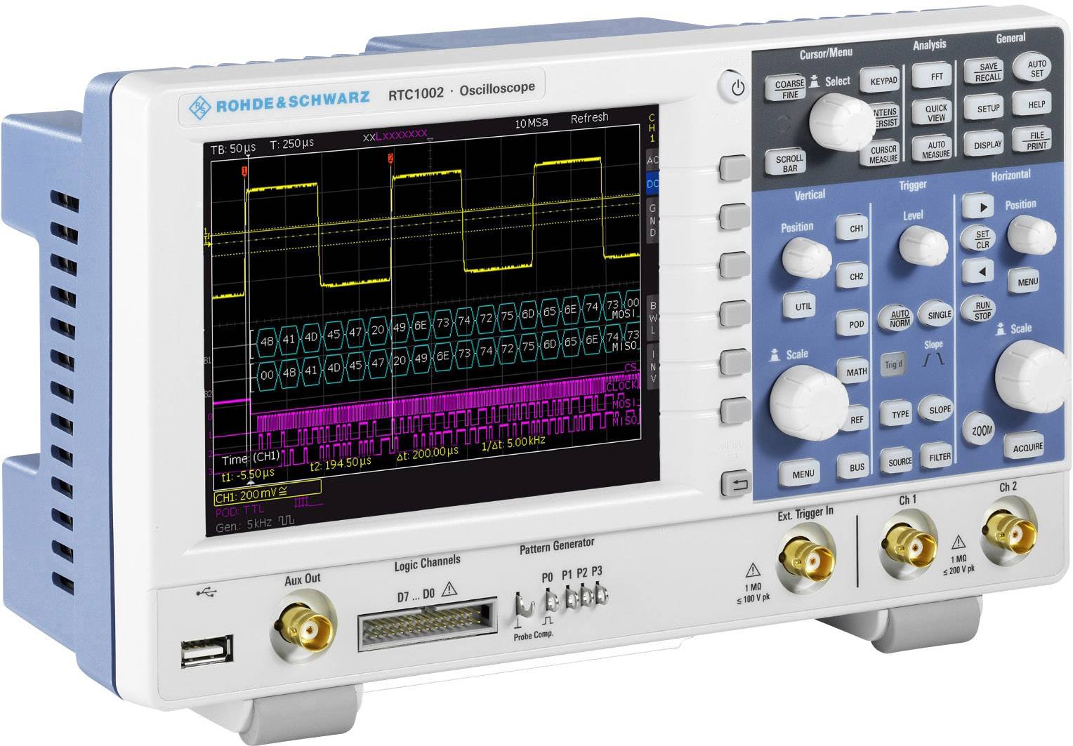 An oscilloscope displays several waveform signals on a screen. There are numerous buttons for controlling and adjusting the display.