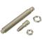 A large and a small cylindrical metal bolt with thread alongside matching nuts. Used for fastening components.