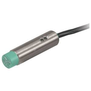 Metallic cylindrical sensor with a green head and black cable, used for detecting objects or positions.