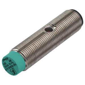 A cylindrical sensor with a metal casing and green front face. Used for distance measurement or object detection.