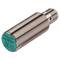 Cylindrical sensor by Pepperl+Fuchs, Model NBB5-18GM60-U1-V1, made of metal with green front face, for industrial use.