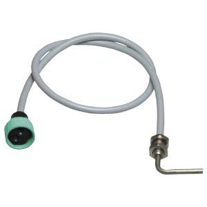 A white cable with a green and black plug on one side and a metallic sensor on the other.