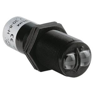 Cylindrical sensor with a black plastic housing and two lenses at the front, used in automated detection technology.