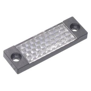 Rectangular reflector with two mounting holes at the ends. Glass surface with a honeycomb-like structure, black border.