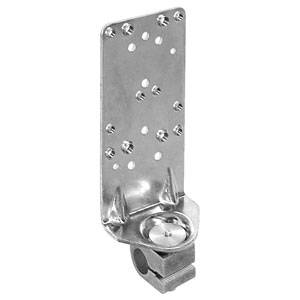Metal mounting angle bracket with holes for screws, suitable for fixing to surfaces. Includes a round base for additional stability.
